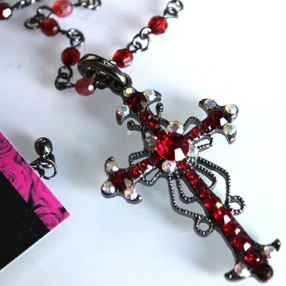Ruby Red Aurora Boralis Ornate Vintage Scrolled Antique Hematite Cross Necklace - Picture 4 of 6